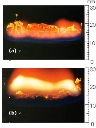 Fig. 1  Direct photograph of flames over the filter paper in methane/air mixture; (a) Cf = 0%, (b) Cf = 2%.